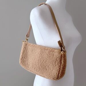 Tan Fuzzy Teddy Textured Cozy Minimal Fall Winter Shoulder Bag